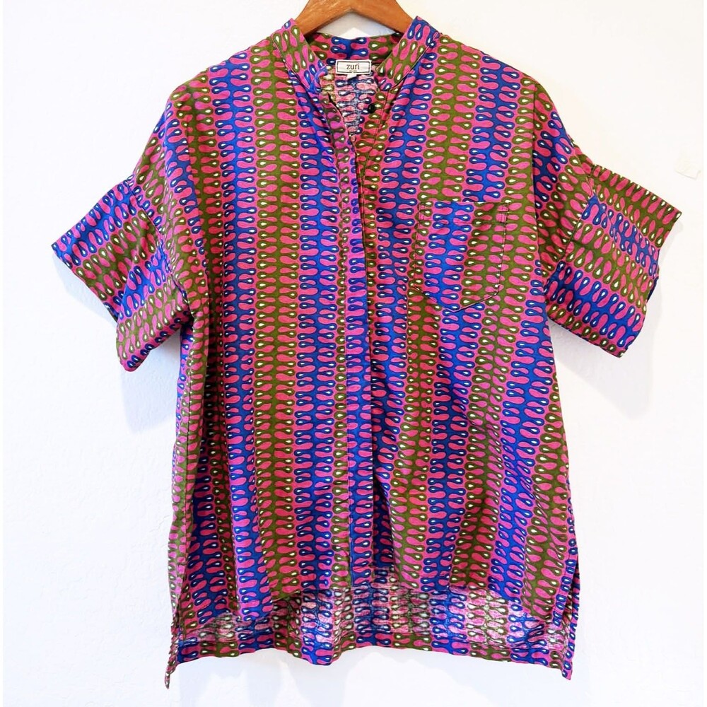 Zuri Kenya MEDIUM Cotton Women's Top Hidden Button Tunic Geometric Blue Magenta